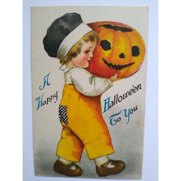 Halloween Postcard Ellen Clapsaddle Antique Wolf Series 1 Unused Child With JOL - Picture 6 of 8